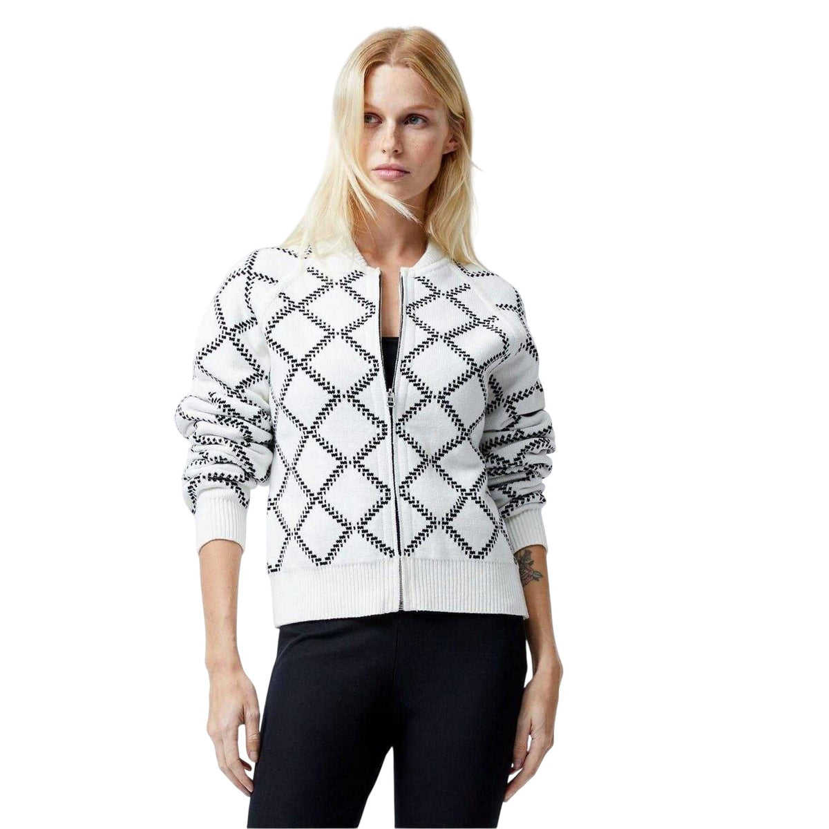 White - Side - French Connection Womens-Ladies Checked Reversible Relaxed Fit Cardigan