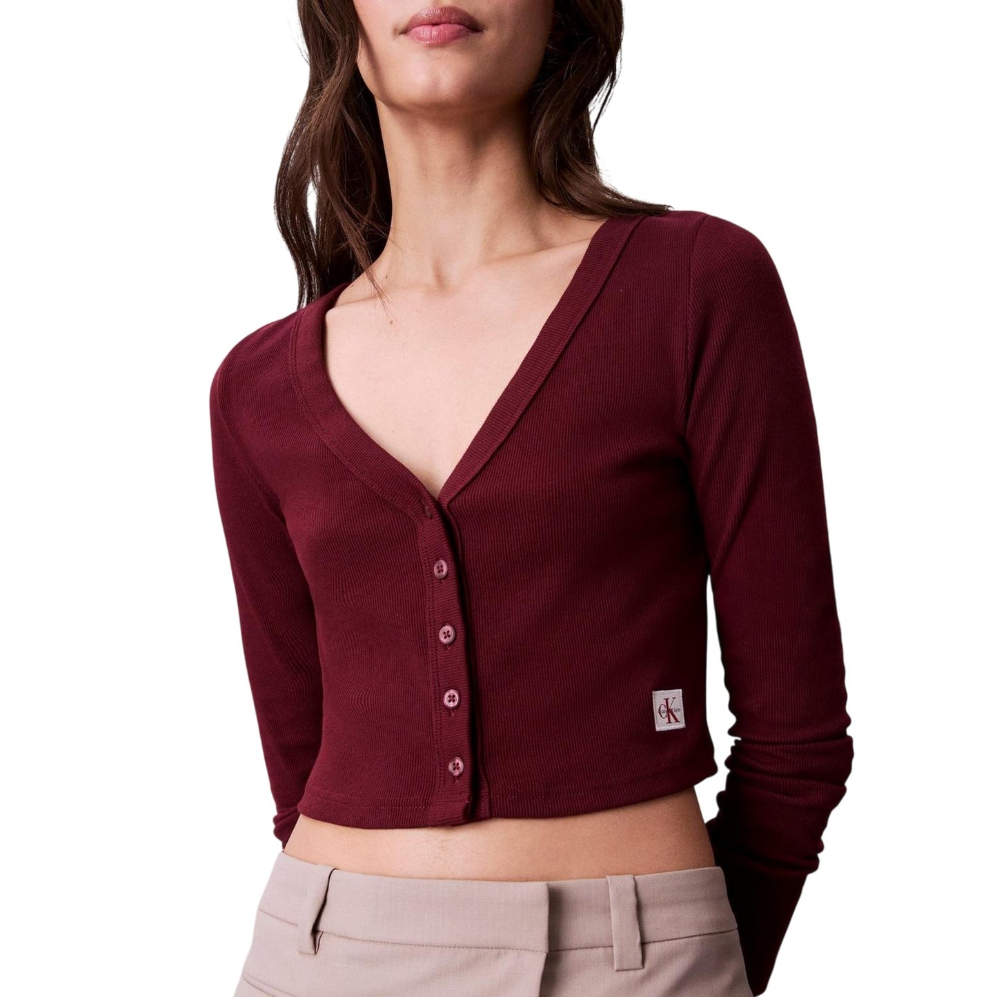 Rouge - Front - Calvin Klein Womens-Ladies Cropped Long-Sleeved Cardigan