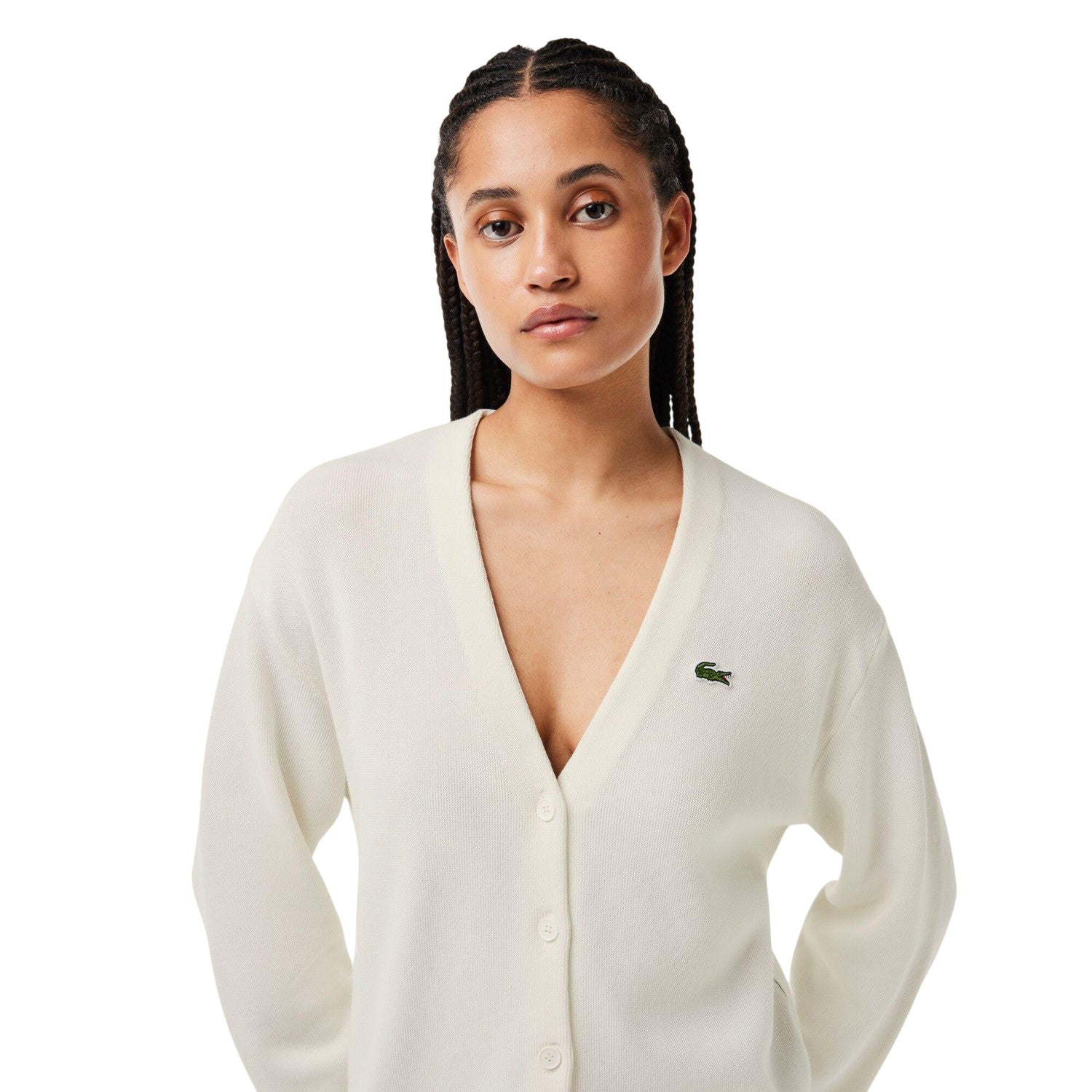 White - Side - Lacoste Womens-Ladies V Neck Relaxed Fit Cardigan