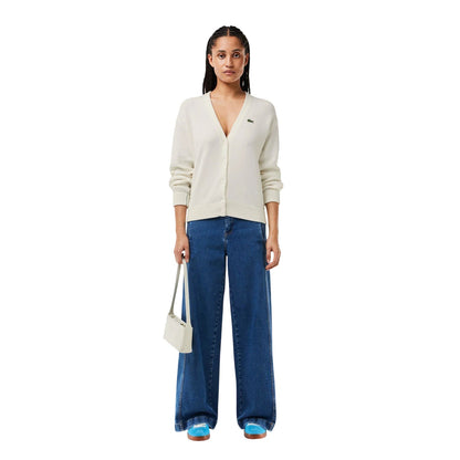 White - Lifestyle - Lacoste Womens-Ladies V Neck Relaxed Fit Cardigan