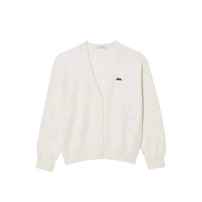 White - Front - Lacoste Womens-Ladies V Neck Relaxed Fit Cardigan