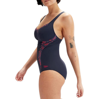 Navy-Red - Side - Speedo Womens-Ladies Abstract Floral One Piece Swimsuit
