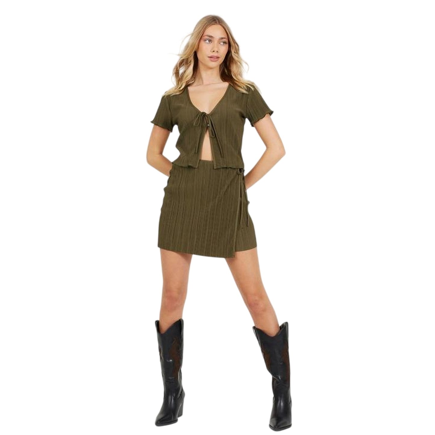 Khaki Green - Lifestyle - Brave Soul Womens-Ladies Plisse Wrap Mini Skirt