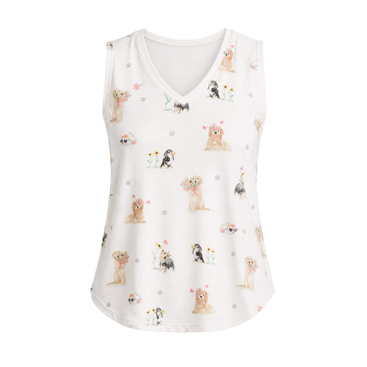 Off White - Front - PJ Salvage Womens-Ladies Dog Print Sleeveless Pyjama Top