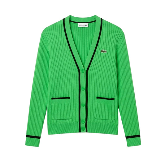 Green-Black - Front - Lacoste Womens-Ladies V Neck Regular Cardigan