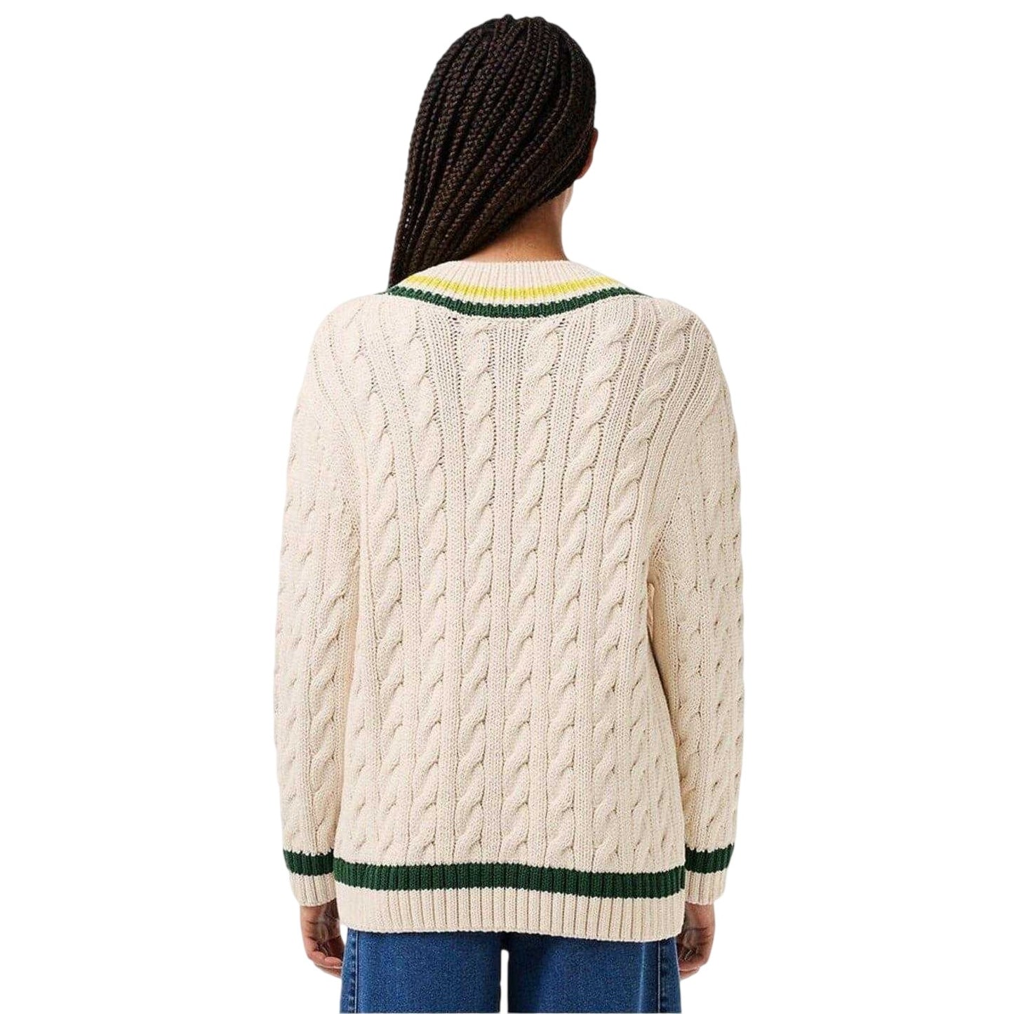 Beige-Green - Back - Lacoste Womens-Ladies Cable Knit V Neck Sweater Top