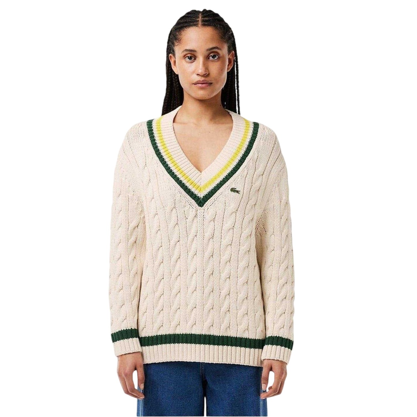 Beige-Green - Side - Lacoste Womens-Ladies Cable Knit V Neck Sweater Top