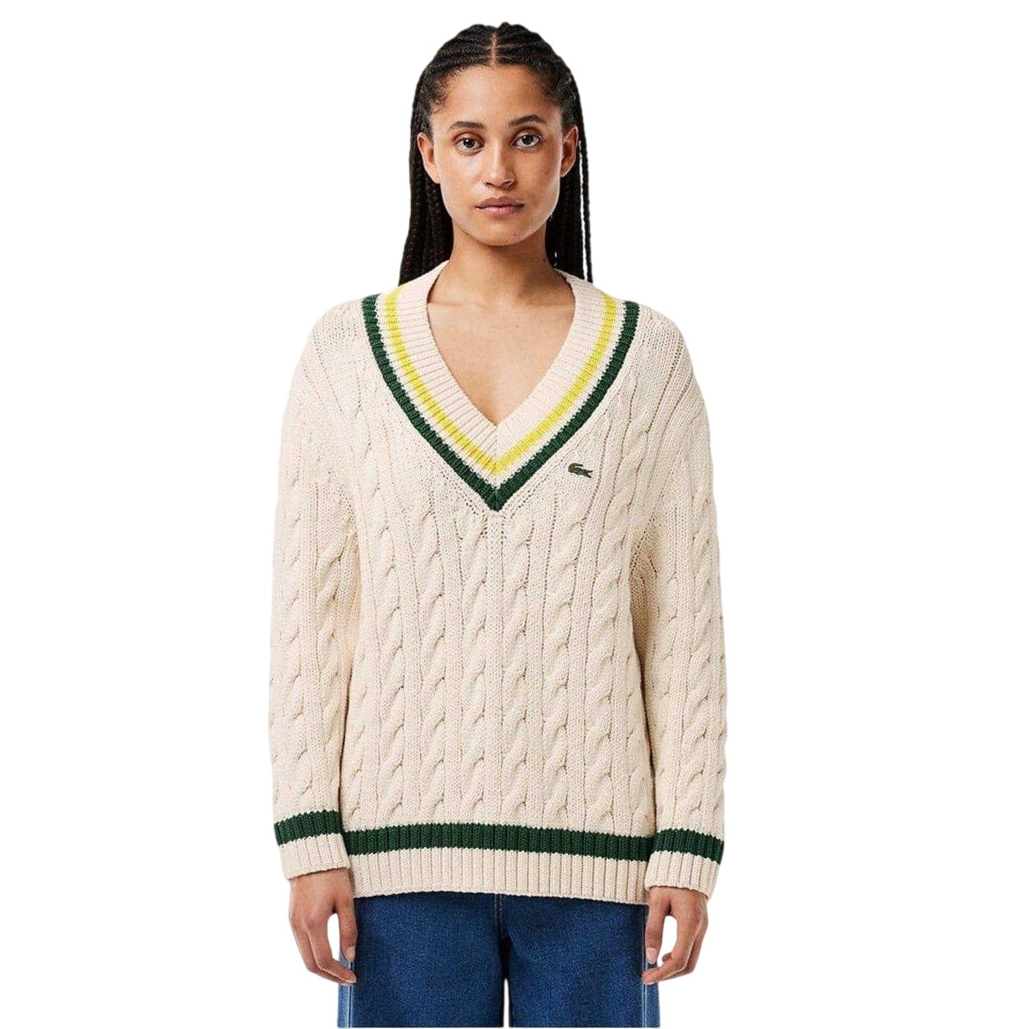 Beige-Green - Side - Lacoste Womens-Ladies Cable Knit V Neck Sweater Top