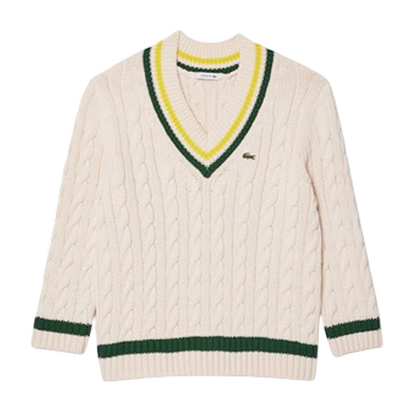 Beige-Green - Front - Lacoste Womens-Ladies Cable Knit V Neck Sweater Top