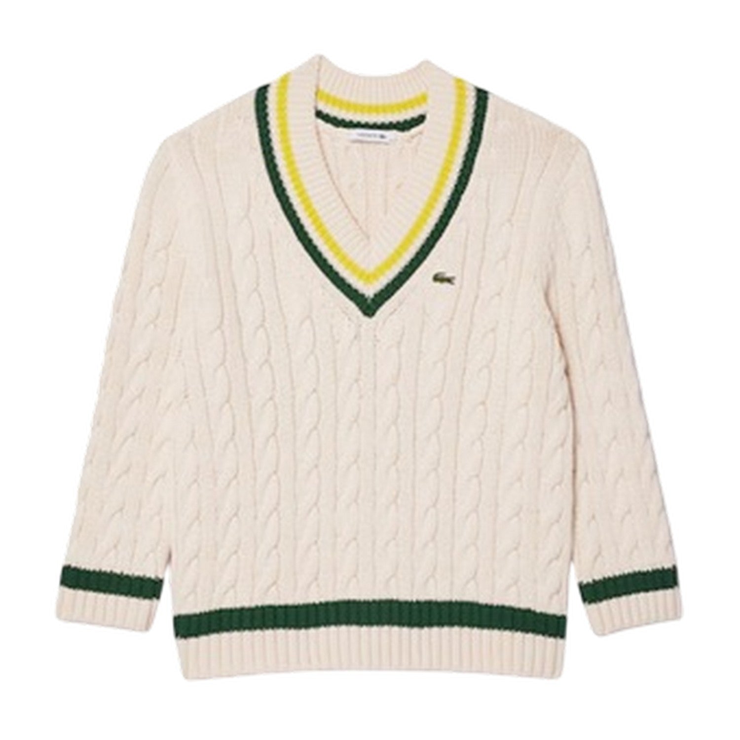 Beige-Green - Front - Lacoste Womens-Ladies Cable Knit V Neck Sweater Top