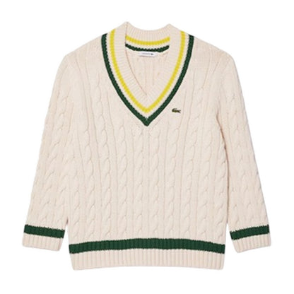 Beige-Green - Front - Lacoste Womens-Ladies Cable Knit V Neck Sweater Top