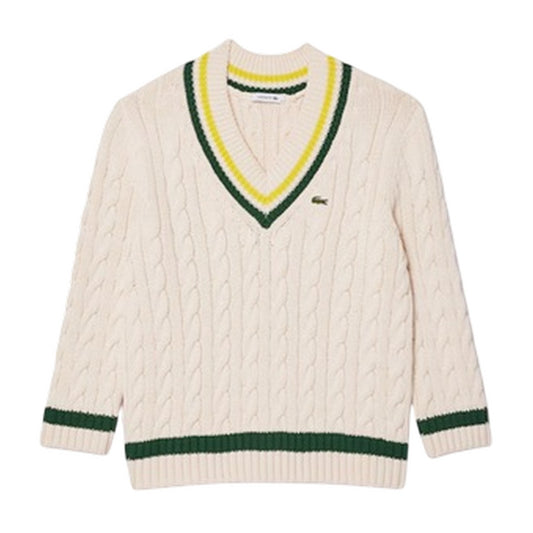 Beige-Green - Front - Lacoste Womens-Ladies Cable Knit V Neck Sweater Top