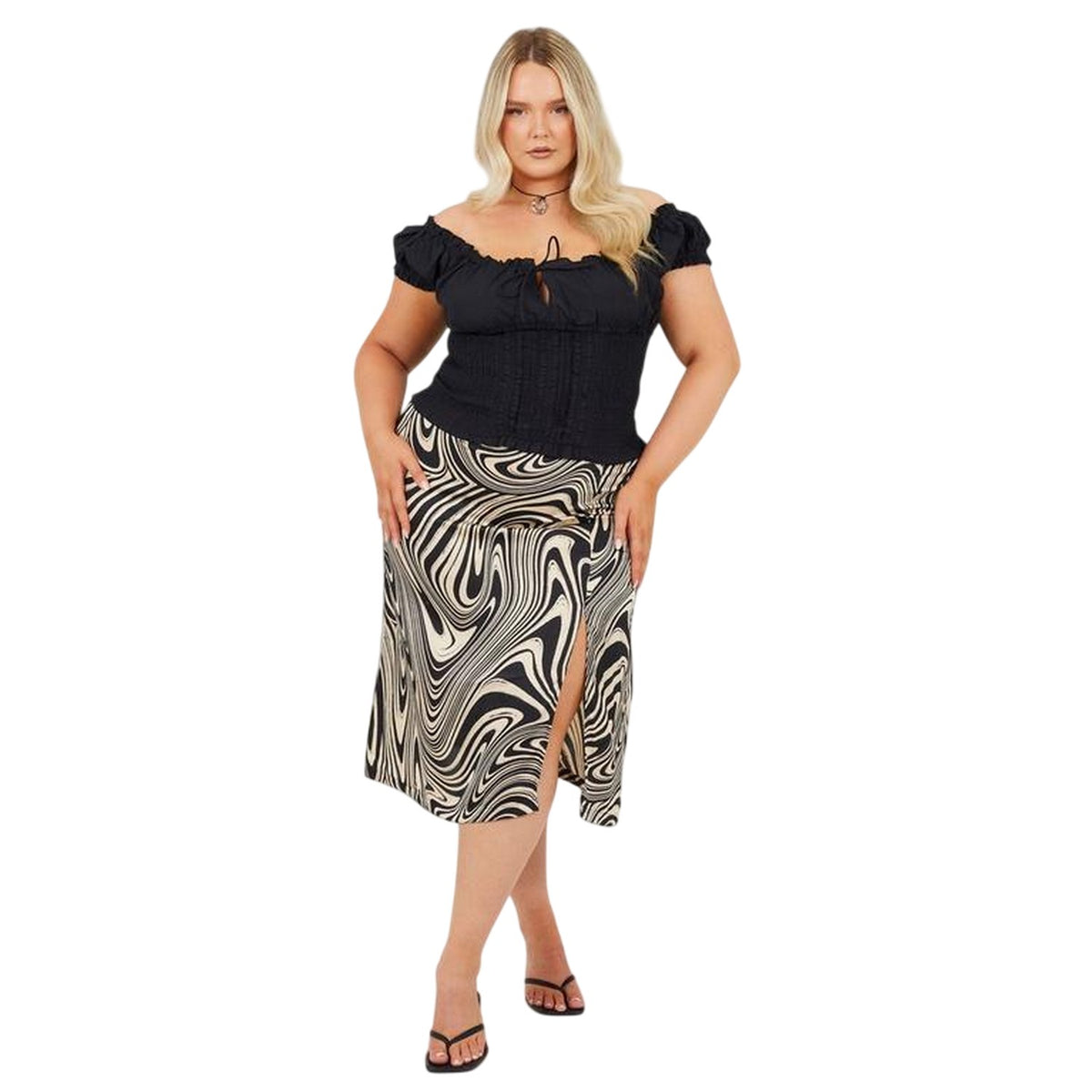 Black - Side - Brave Soul Womens-Ladies Swirl Print Plus Midi Skirt