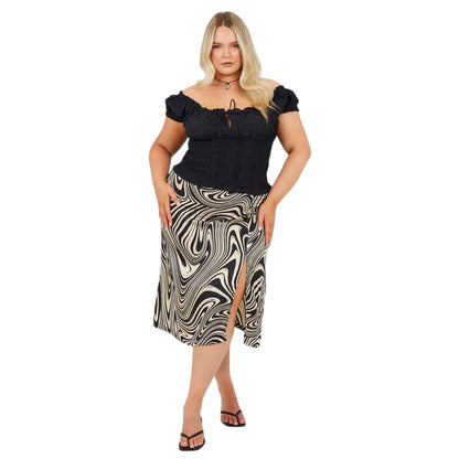 Black - Side - Brave Soul Womens-Ladies Swirl Print Plus Midi Skirt