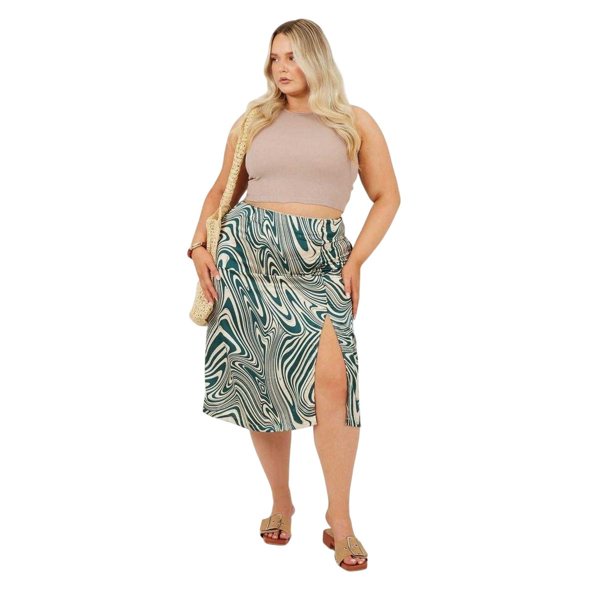 Green - Side - Brave Soul Womens-Ladies Swirl Print Plus Midi Skirt