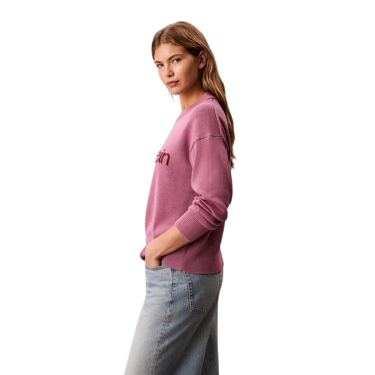 Bordeaux - Side - Calvin Klein Womens-Ladies Ribbed Crew Neck Regular Long-Sleeved Sweater Top
