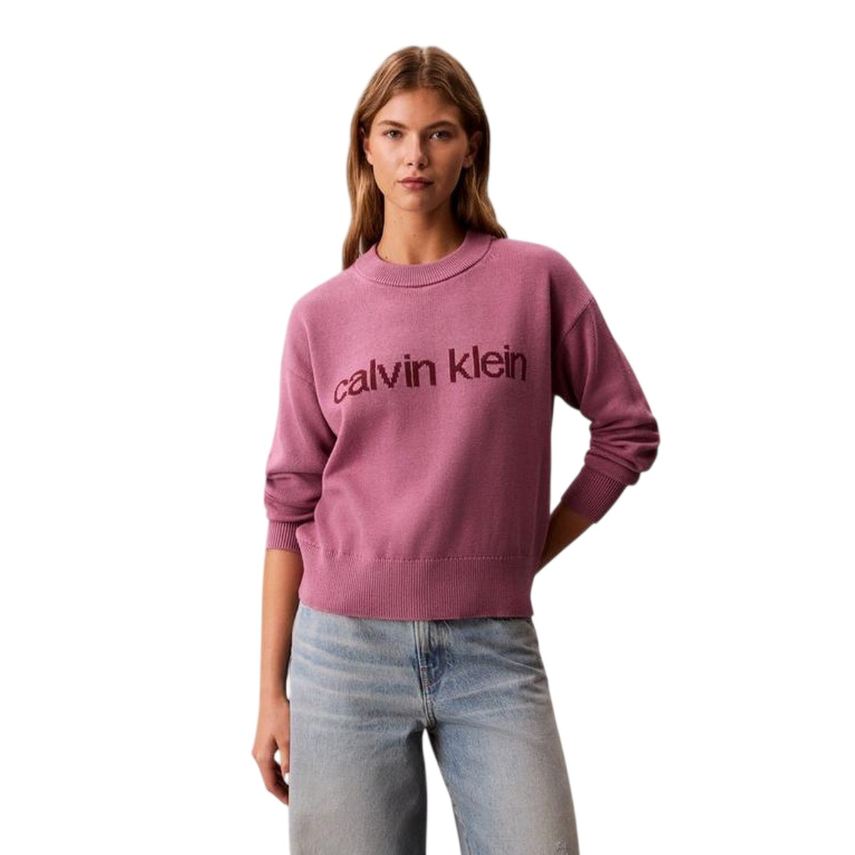 Bordeaux - Front - Calvin Klein Womens-Ladies Ribbed Crew Neck Regular Long-Sleeved Sweater Top