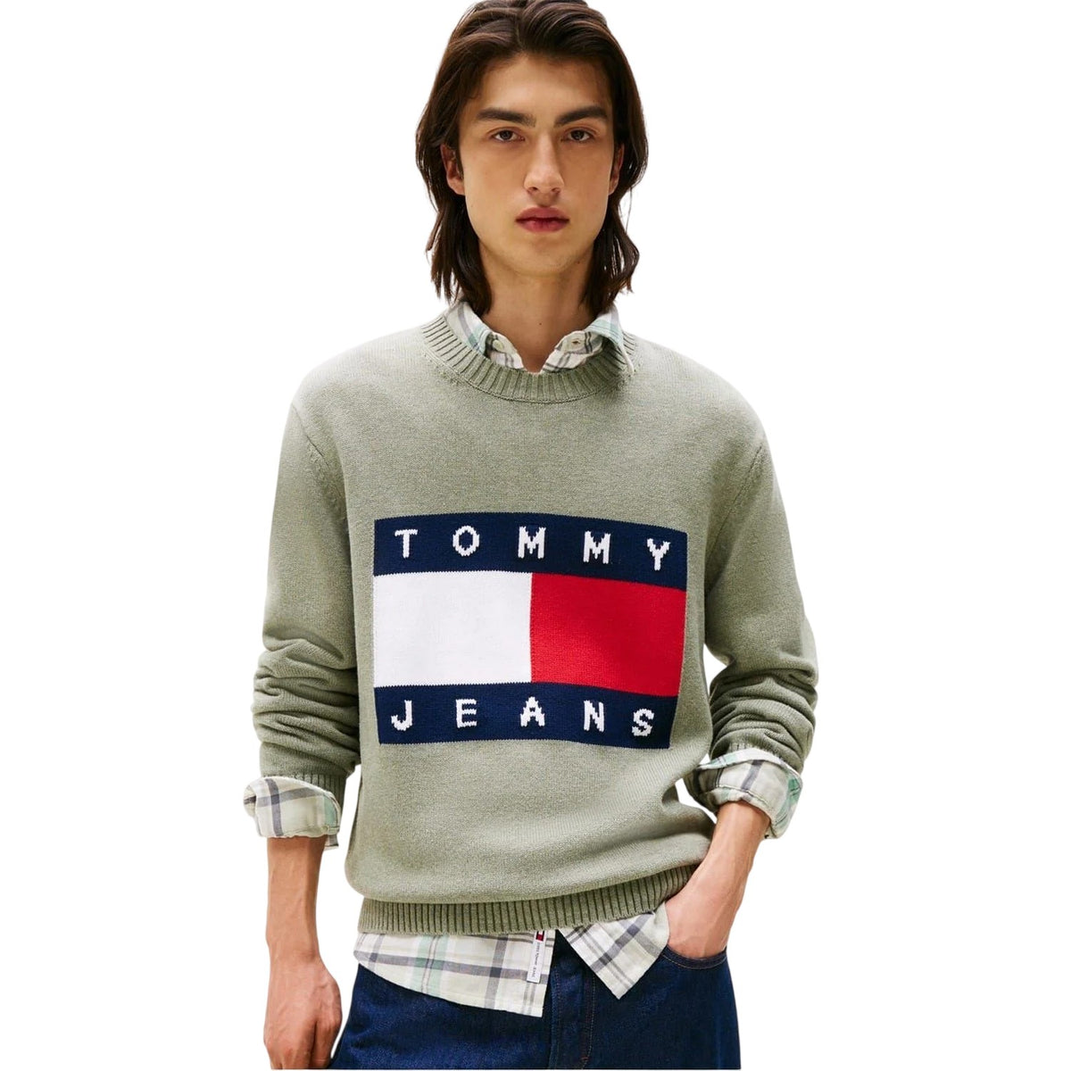 Sage Green - Side - Tommy Jeans Mens Flag Logo Crew Neck Jumper