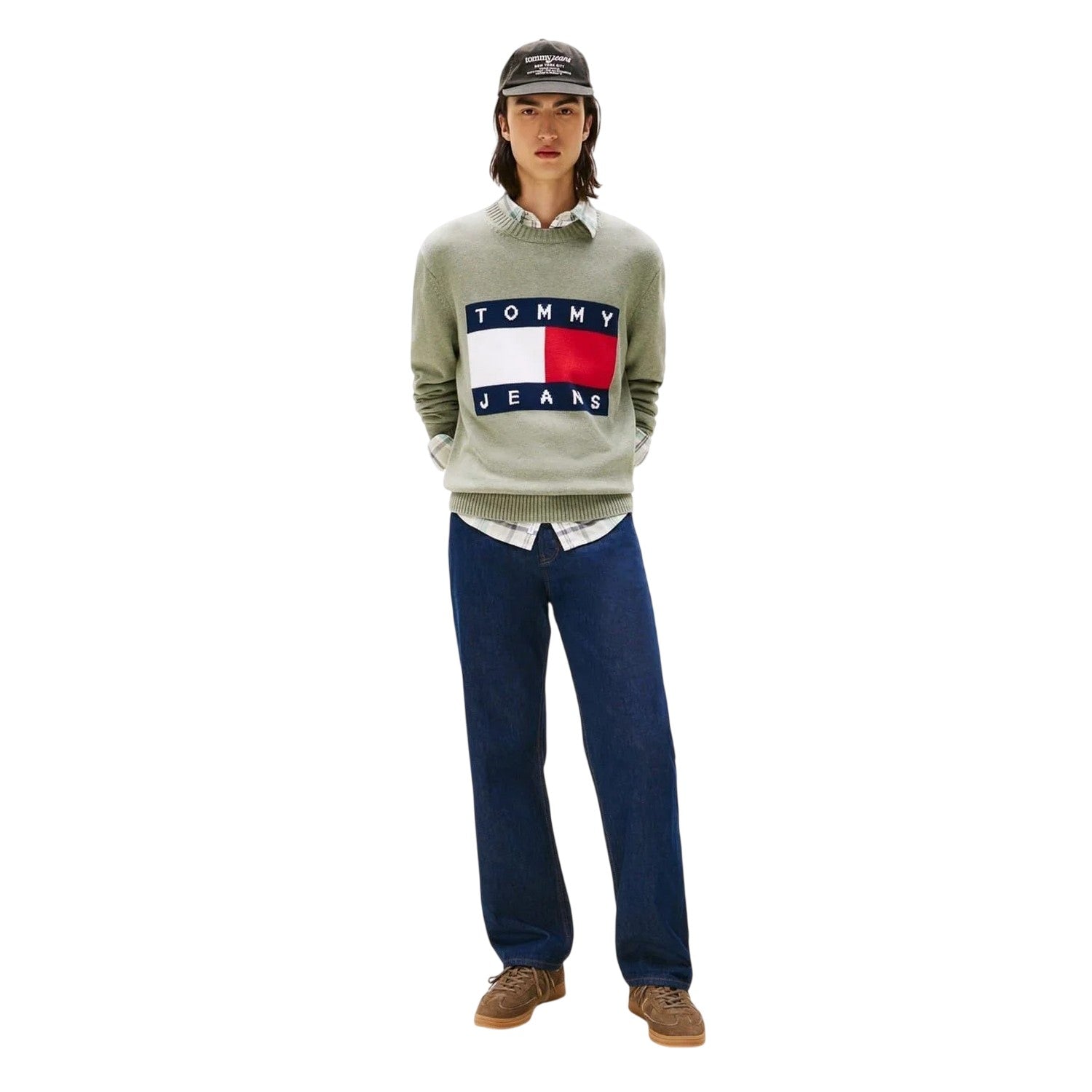 Sage Green - Lifestyle - Tommy Jeans Mens Flag Logo Crew Neck Jumper