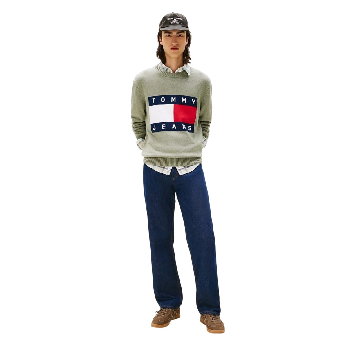 Sage Green - Lifestyle - Tommy Jeans Mens Flag Logo Crew Neck Jumper