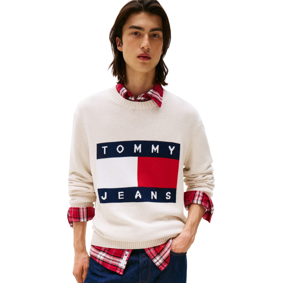 Antique White Heather - Side - Tommy Jeans Mens Flag Logo Crew Neck Jumper