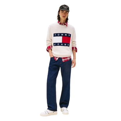 Antique White Heather - Lifestyle - Tommy Jeans Mens Flag Logo Crew Neck Jumper