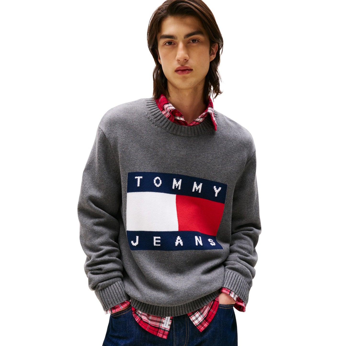 Black Heather - Side - Tommy Jeans Mens Flag Logo Crew Neck Jumper