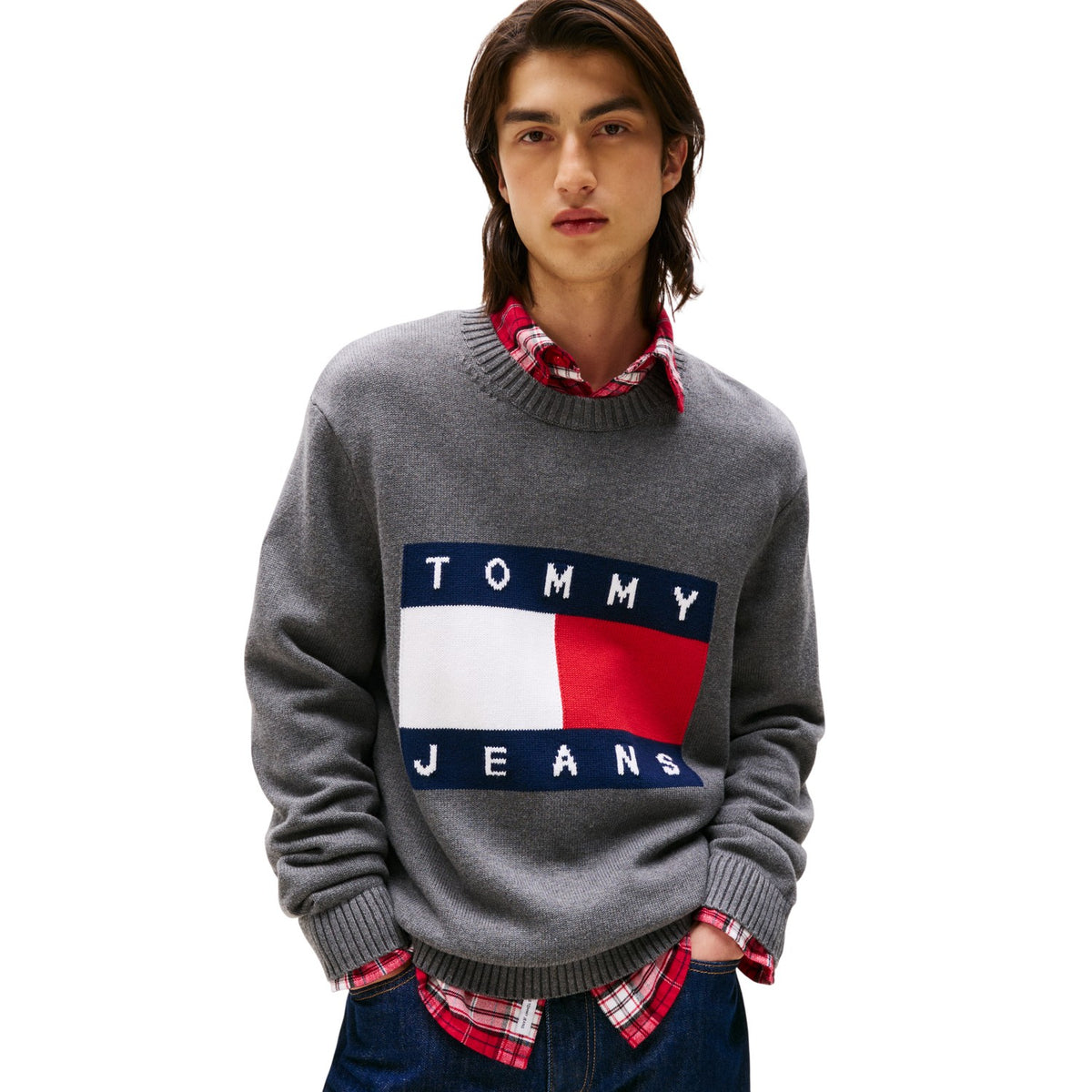 Black Heather - Side - Tommy Jeans Mens Flag Logo Crew Neck Jumper