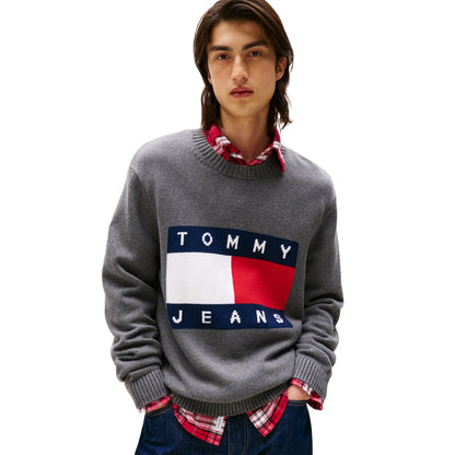 Black Heather - Side - Tommy Jeans Mens Flag Logo Crew Neck Jumper