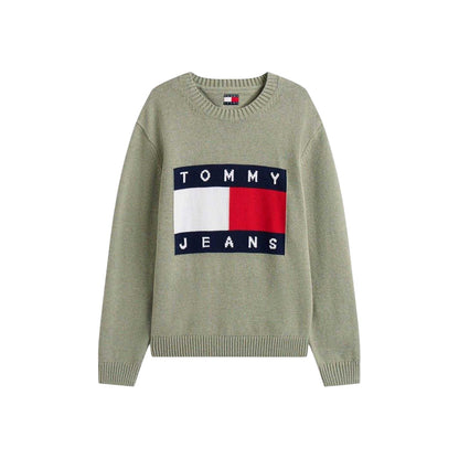 Sage Green - Front - Tommy Jeans Mens Flag Logo Crew Neck Jumper