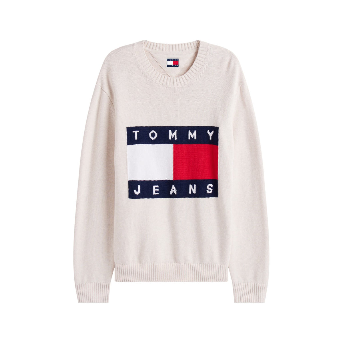 Antique White Heather - Front - Tommy Jeans Mens Flag Logo Crew Neck Jumper