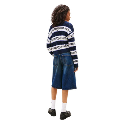 Navy-White - Back - Tommy Jeans Womens-Ladies Striped V Neck Top
