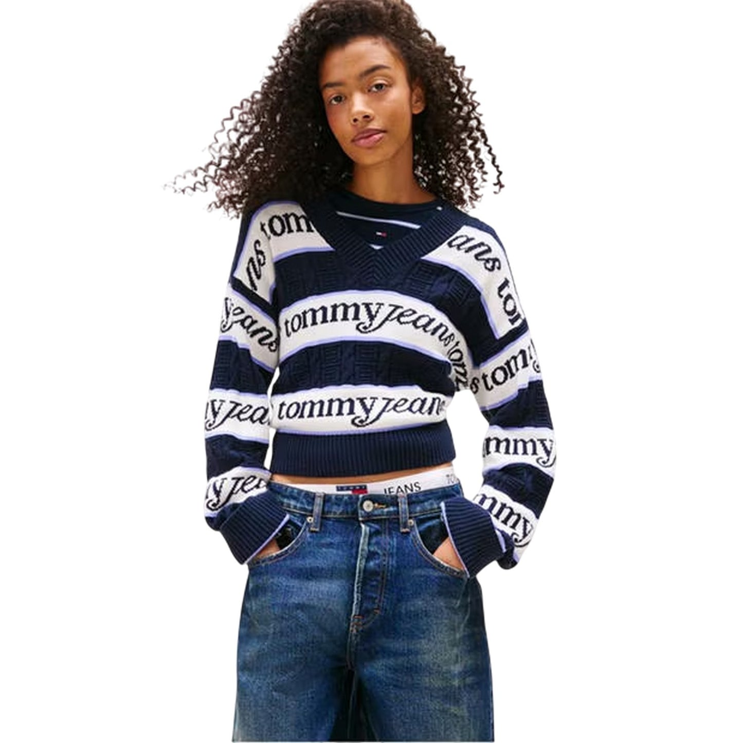 Navy-White - Side - Tommy Jeans Womens-Ladies Striped V Neck Top
