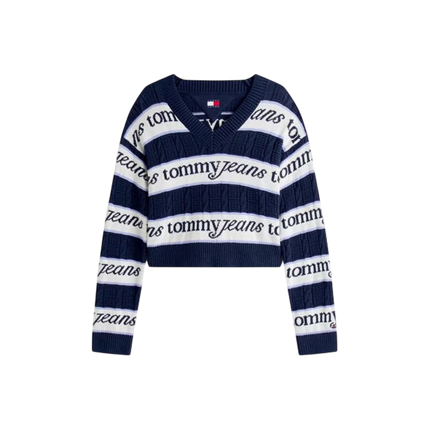 Navy-White - Front - Tommy Jeans Womens-Ladies Striped V Neck Top