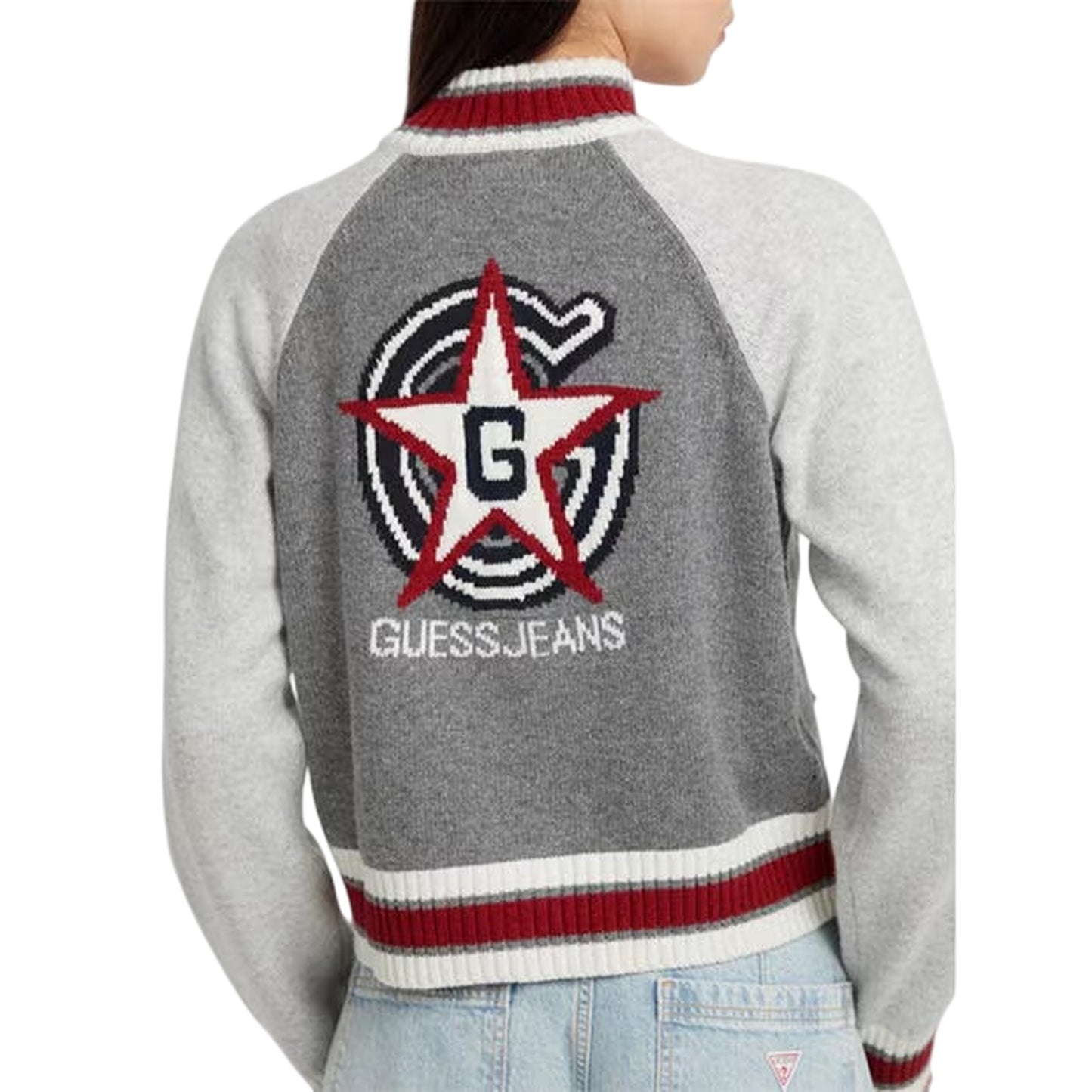 Cobblestone Heather - Back - Guess Womens-Ladies Embroidered Logo Full Zip Raglan Sweater Top