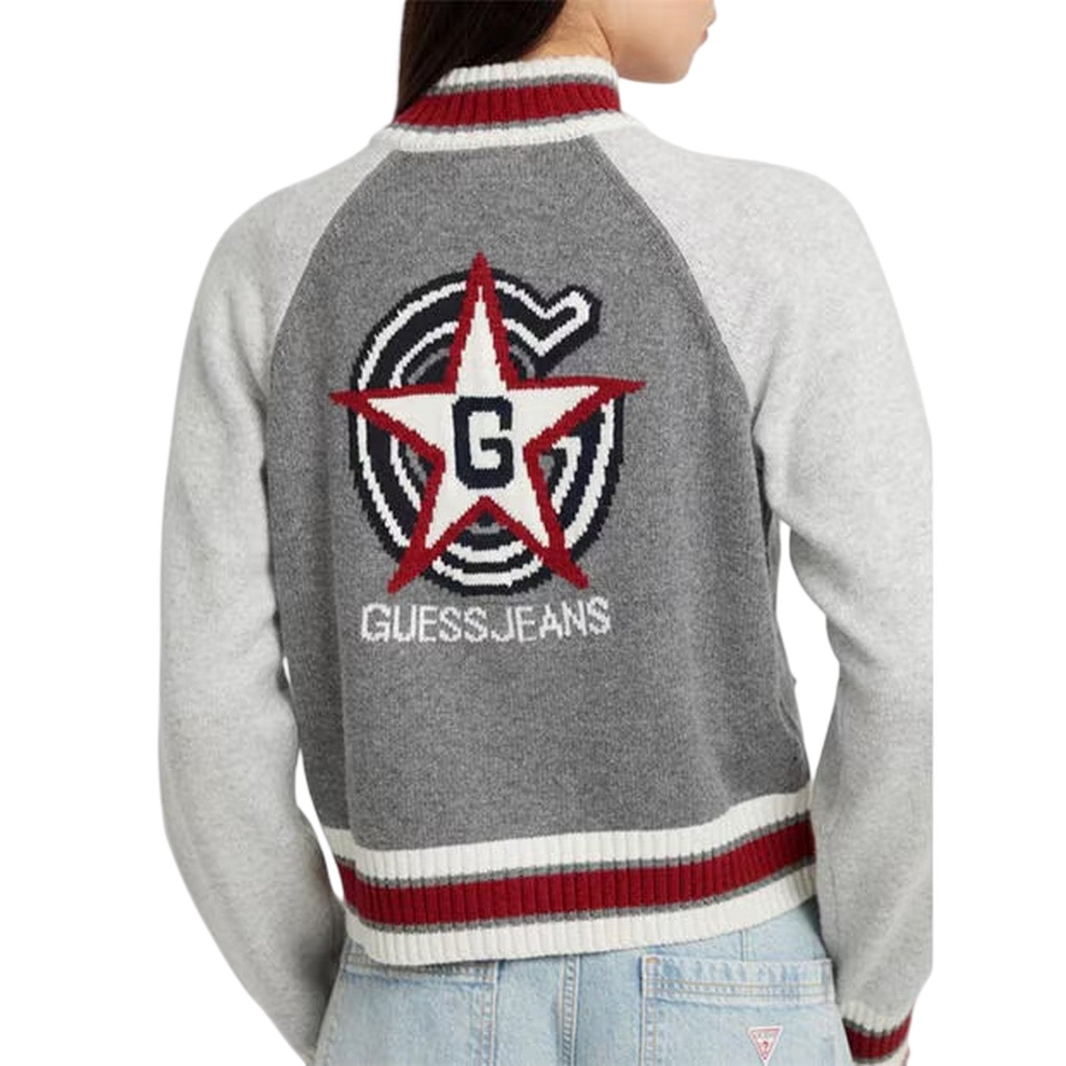 Cobblestone Heather - Back - Guess Womens-Ladies Embroidered Logo Full Zip Raglan Sweater Top