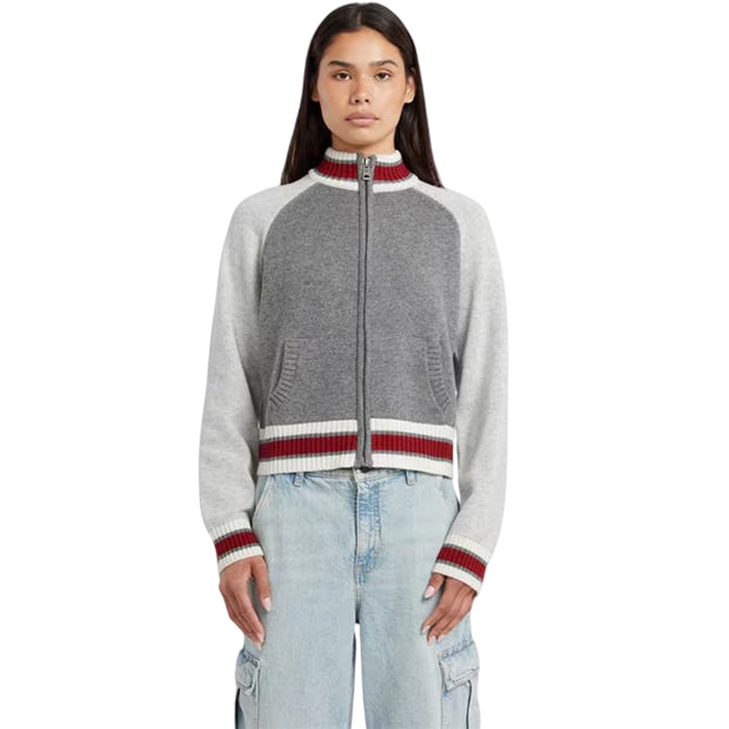 Cobblestone Heather - Side - Guess Womens-Ladies Embroidered Logo Full Zip Raglan Sweater Top