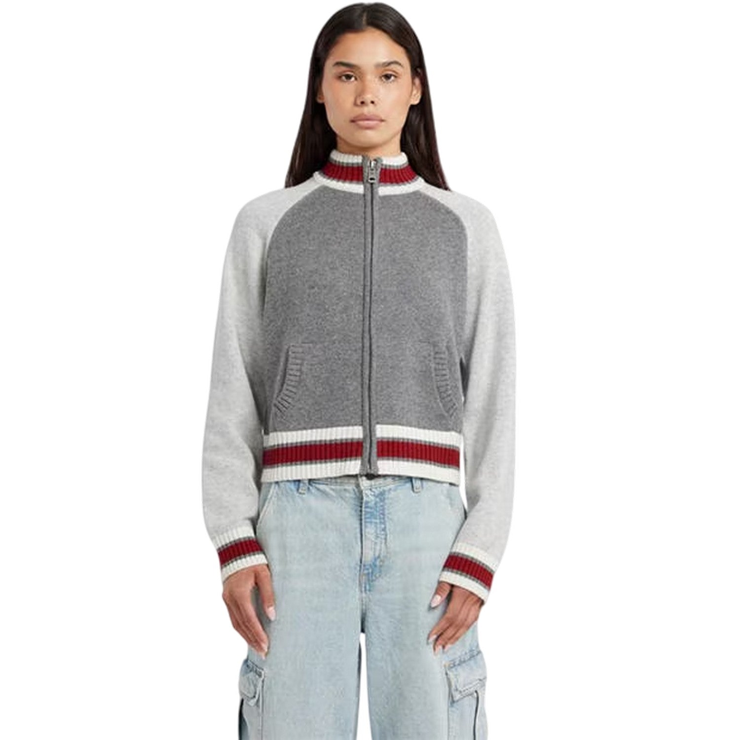 Cobblestone Heather - Side - Guess Womens-Ladies Embroidered Logo Full Zip Raglan Sweater Top