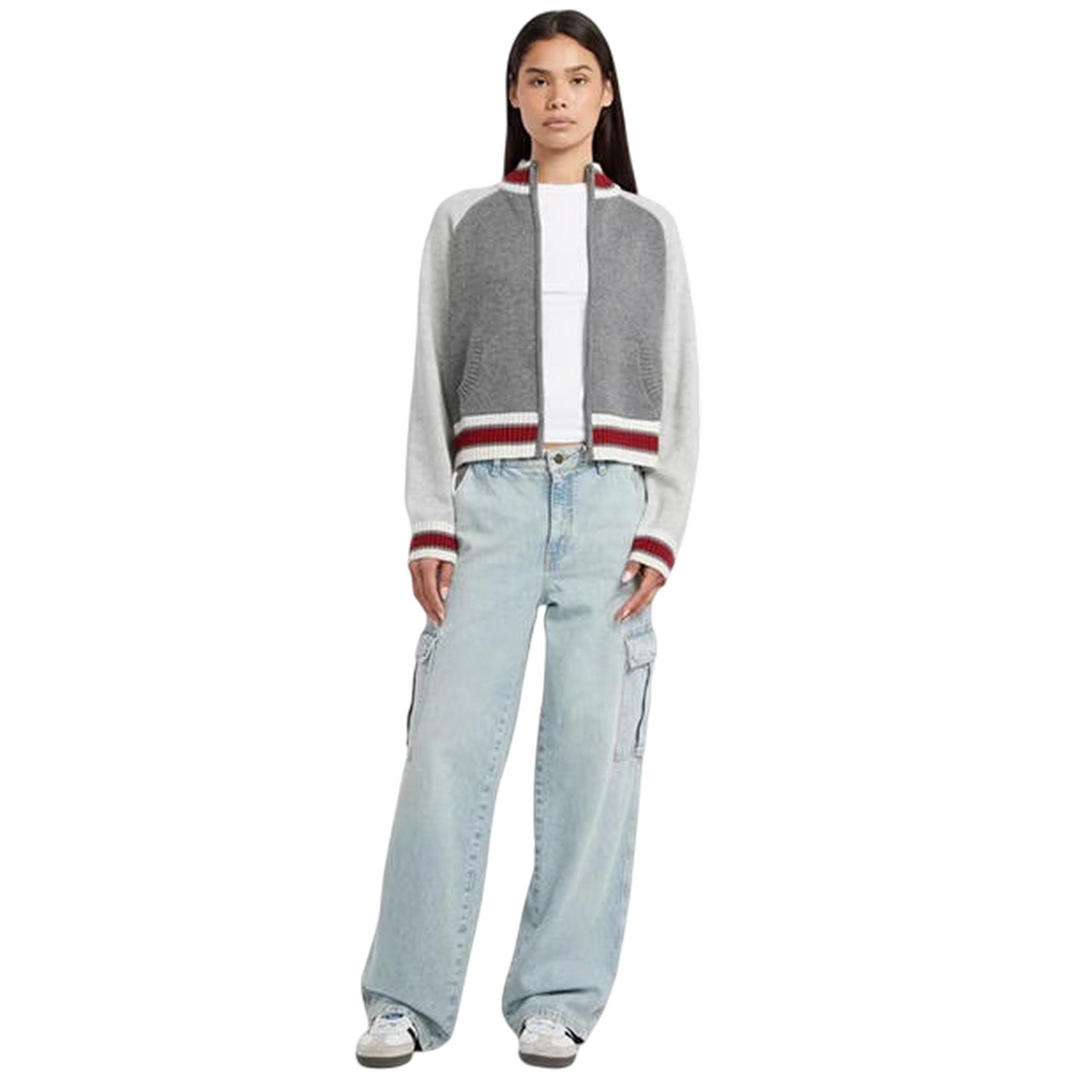Cobblestone Heather - Lifestyle - Guess Womens-Ladies Embroidered Logo Full Zip Raglan Sweater Top