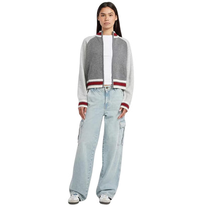 Cobblestone Heather - Lifestyle - Guess Womens-Ladies Embroidered Logo Full Zip Raglan Sweater Top