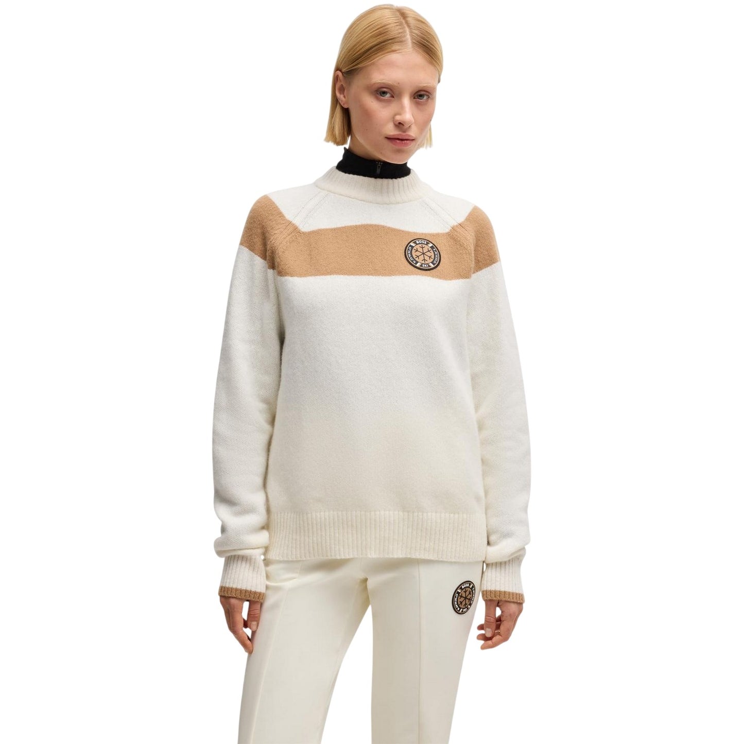 White - Side - Boss Womens-Ladies Rib Knit Crew Neck Raglan Sweater Top