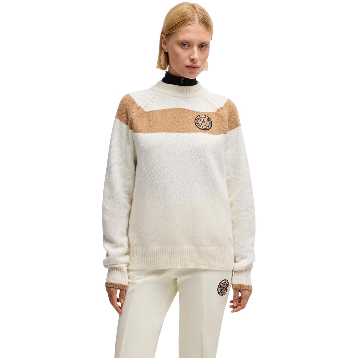 White - Side - Boss Womens-Ladies Rib Knit Crew Neck Raglan Sweater Top
