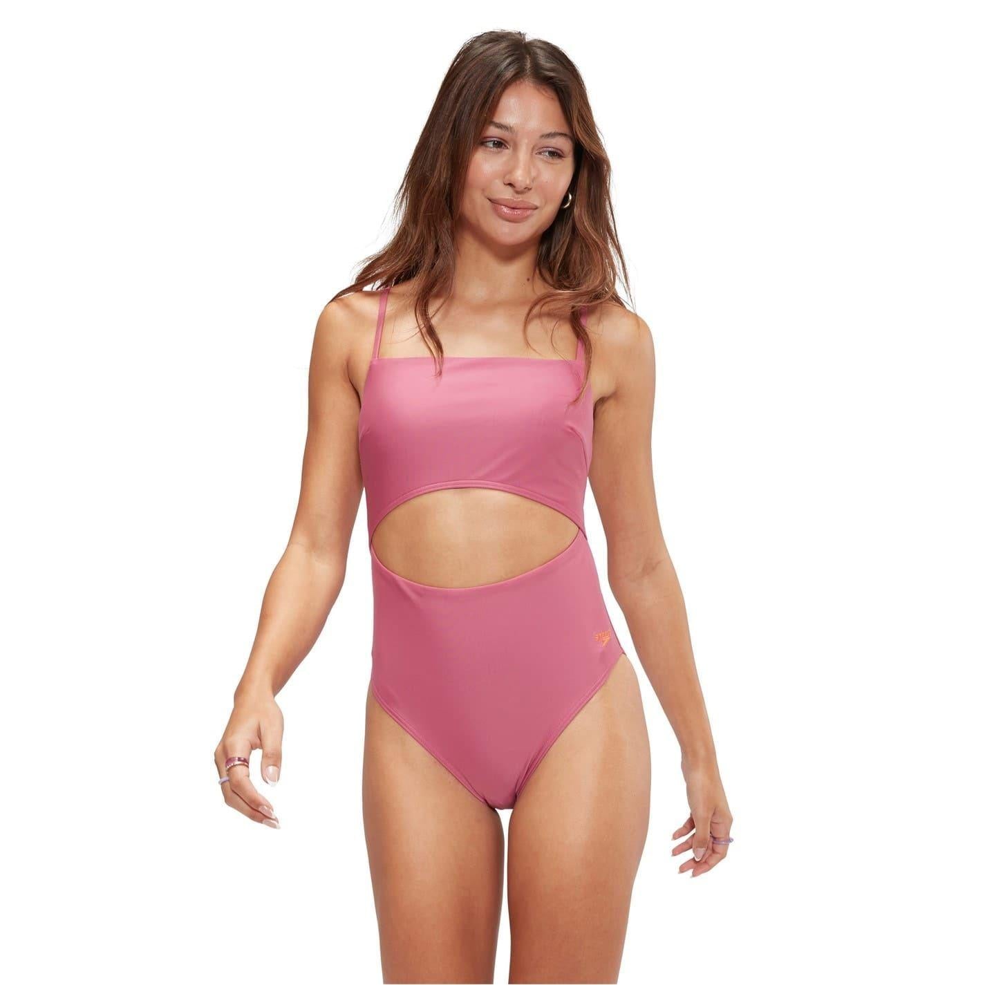 Pink - Side - Speedo Womens-Ladies Cut Out Tie Back One Piece Swimsuit