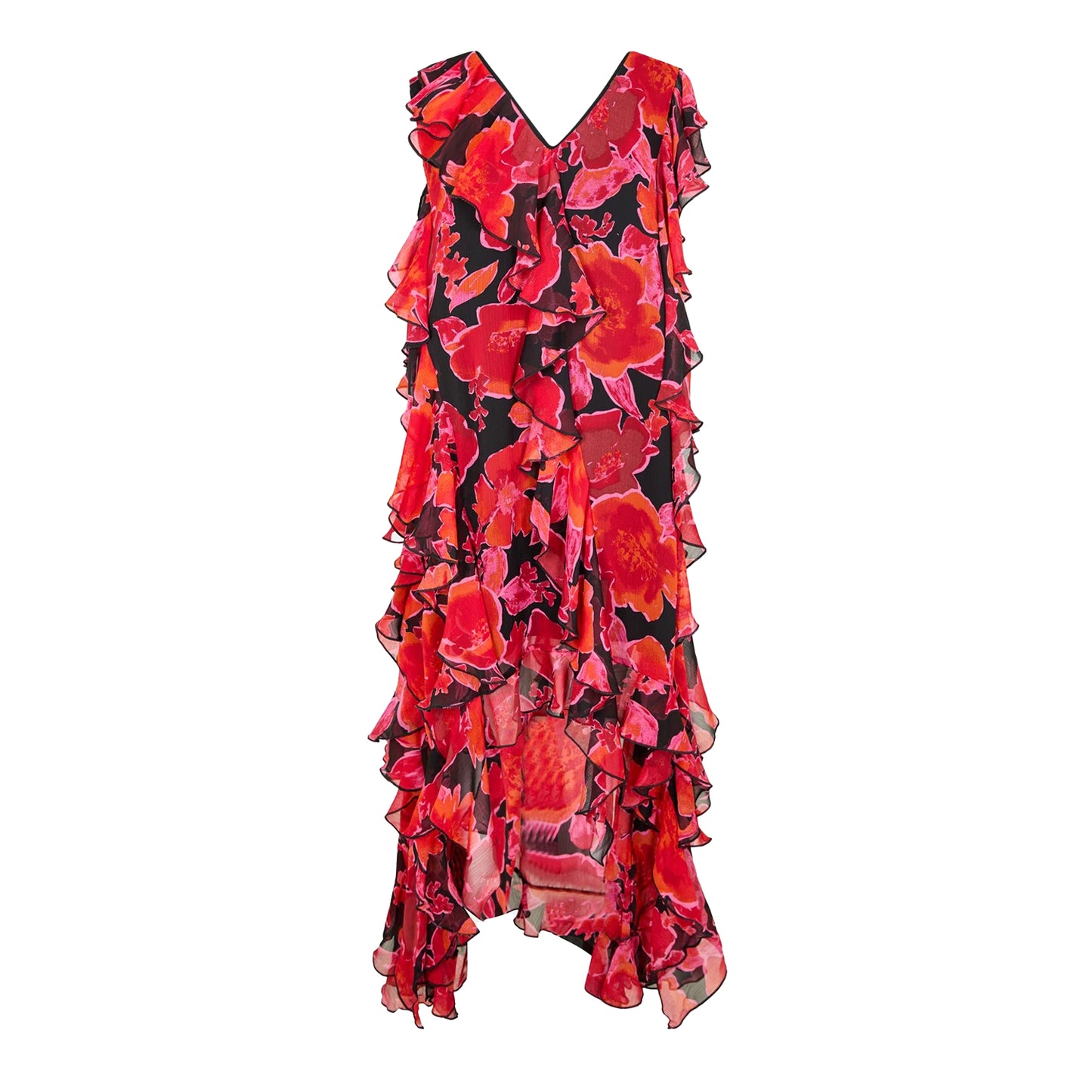 Red-Black - Front - Biba Womens-Ladies Flowers Ruffles Maxi Dress