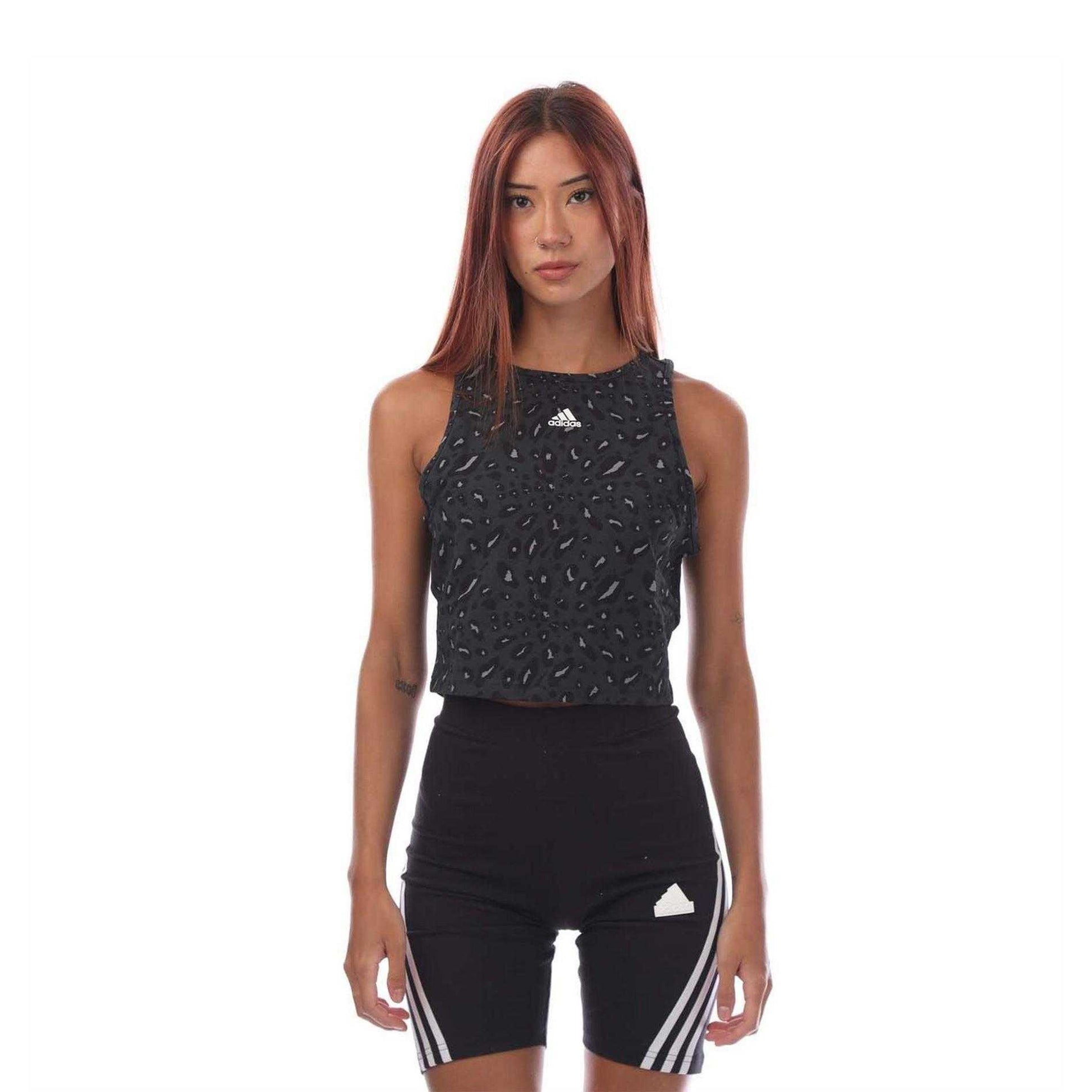 Grey-Black - Front - Adidas Womens-Ladies Animal Print Cropped Tank Top