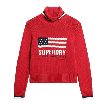 Red - Front - Superdry Womens-Ladies US Flag Turtle Neck Relaxed Fit Sweater Top