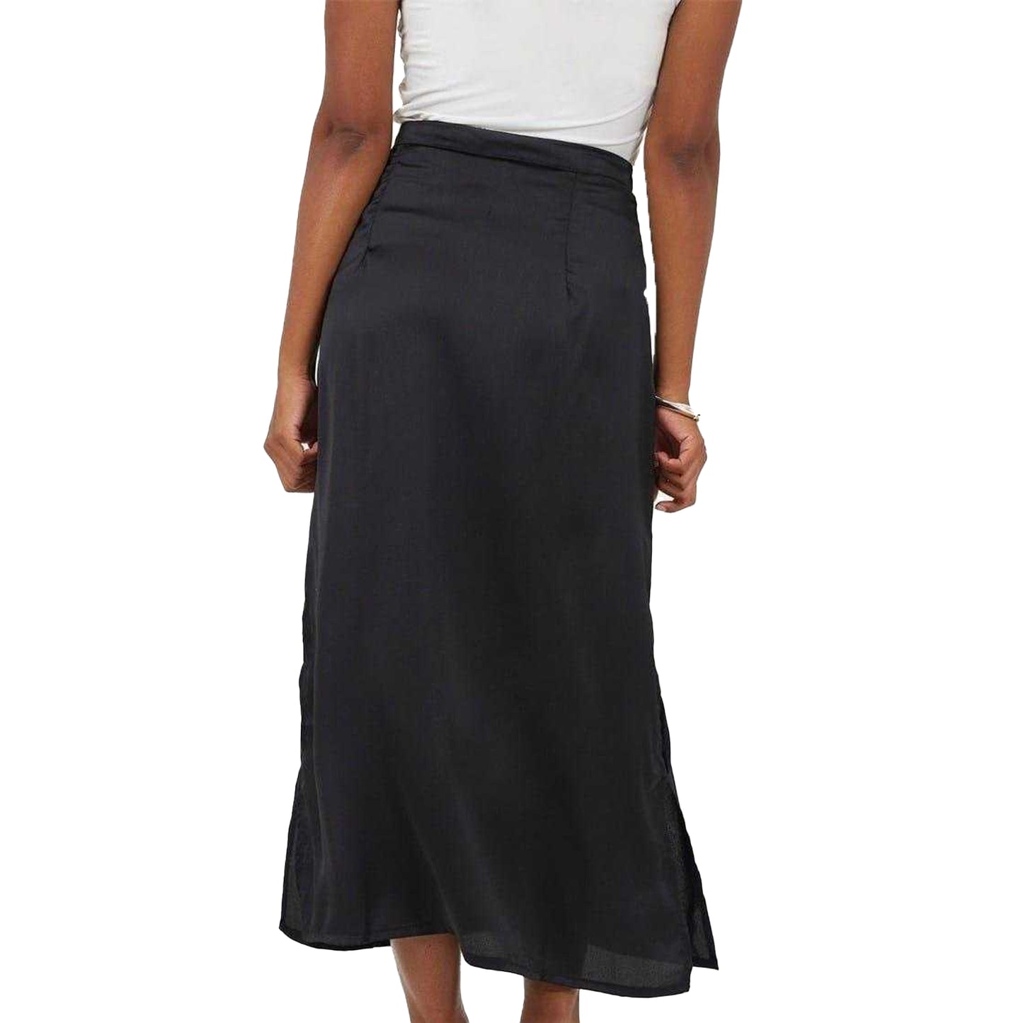 Black - Back - Brave Soul Womens-Ladies Satin Side Slit Midi Skirt