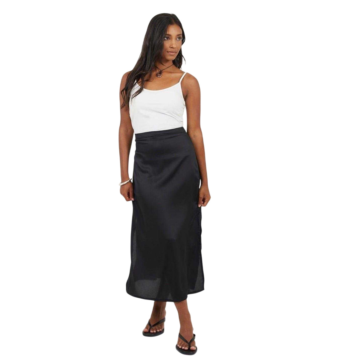 Black - Side - Brave Soul Womens-Ladies Satin Side Slit Midi Skirt