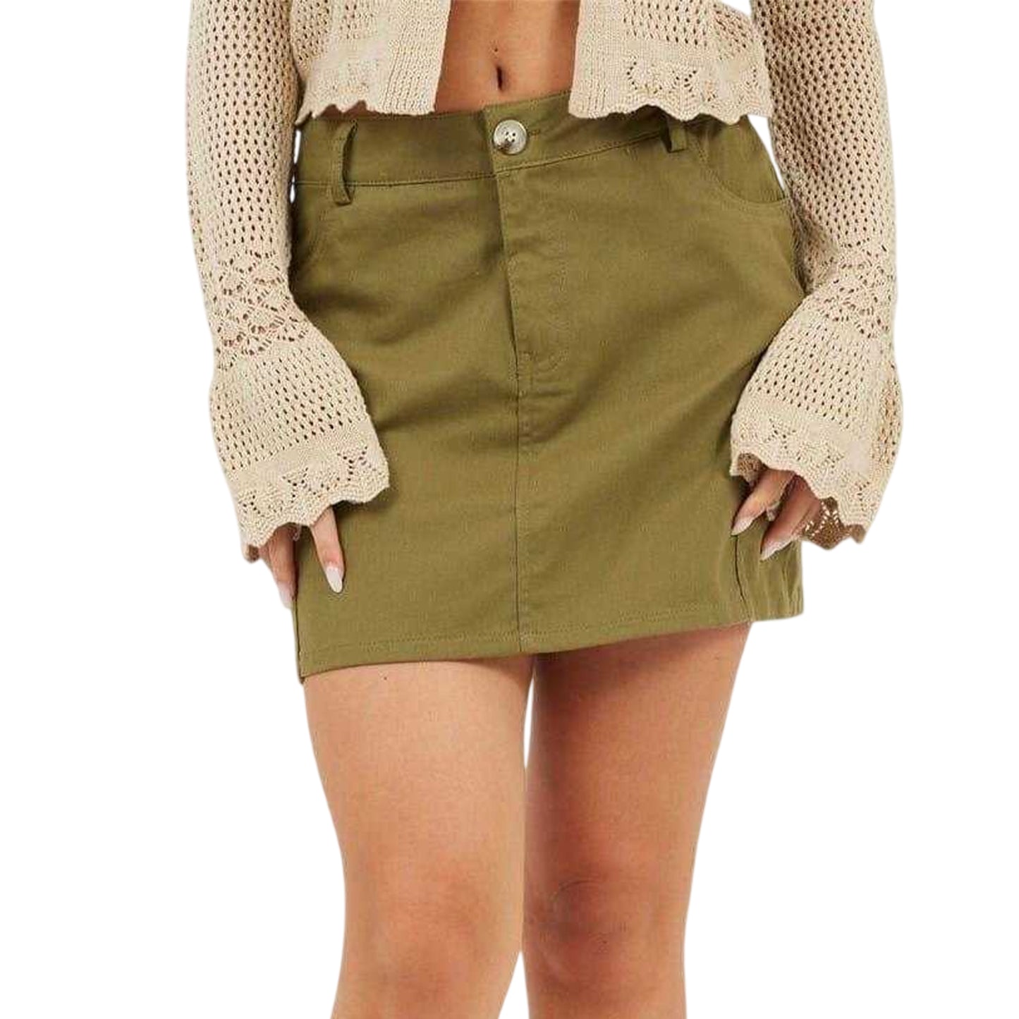 Khaki Green - Front - Brave Soul Womens-Ladies Denim Cargo Pocket Mini Skirt