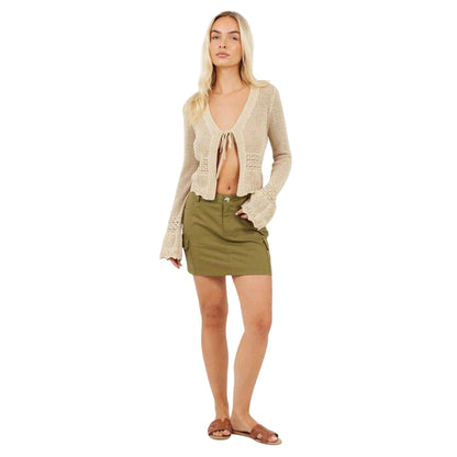 Khaki Green - Side - Brave Soul Womens-Ladies Denim Cargo Pocket Mini Skirt